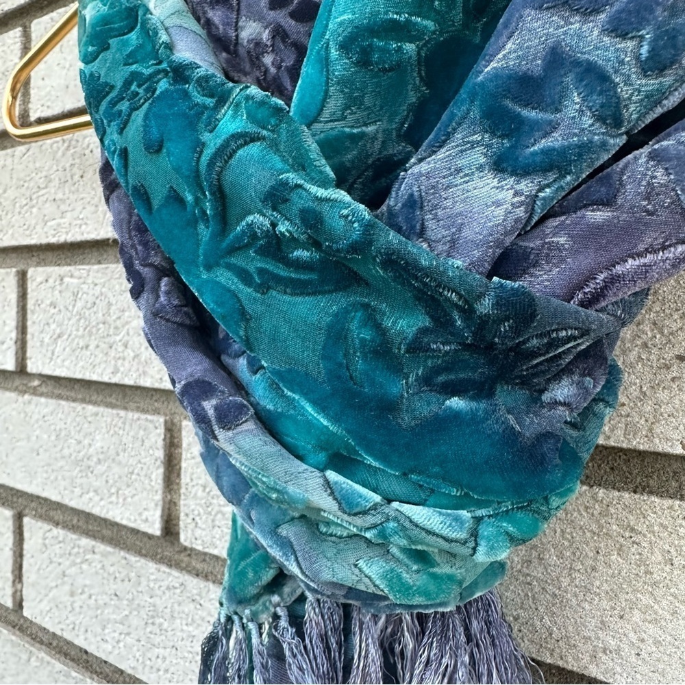 Velvet Burnout Teal Purple Whimsigoth Rectangle Scarf Fringe Fairycore - Picture 6 of 6